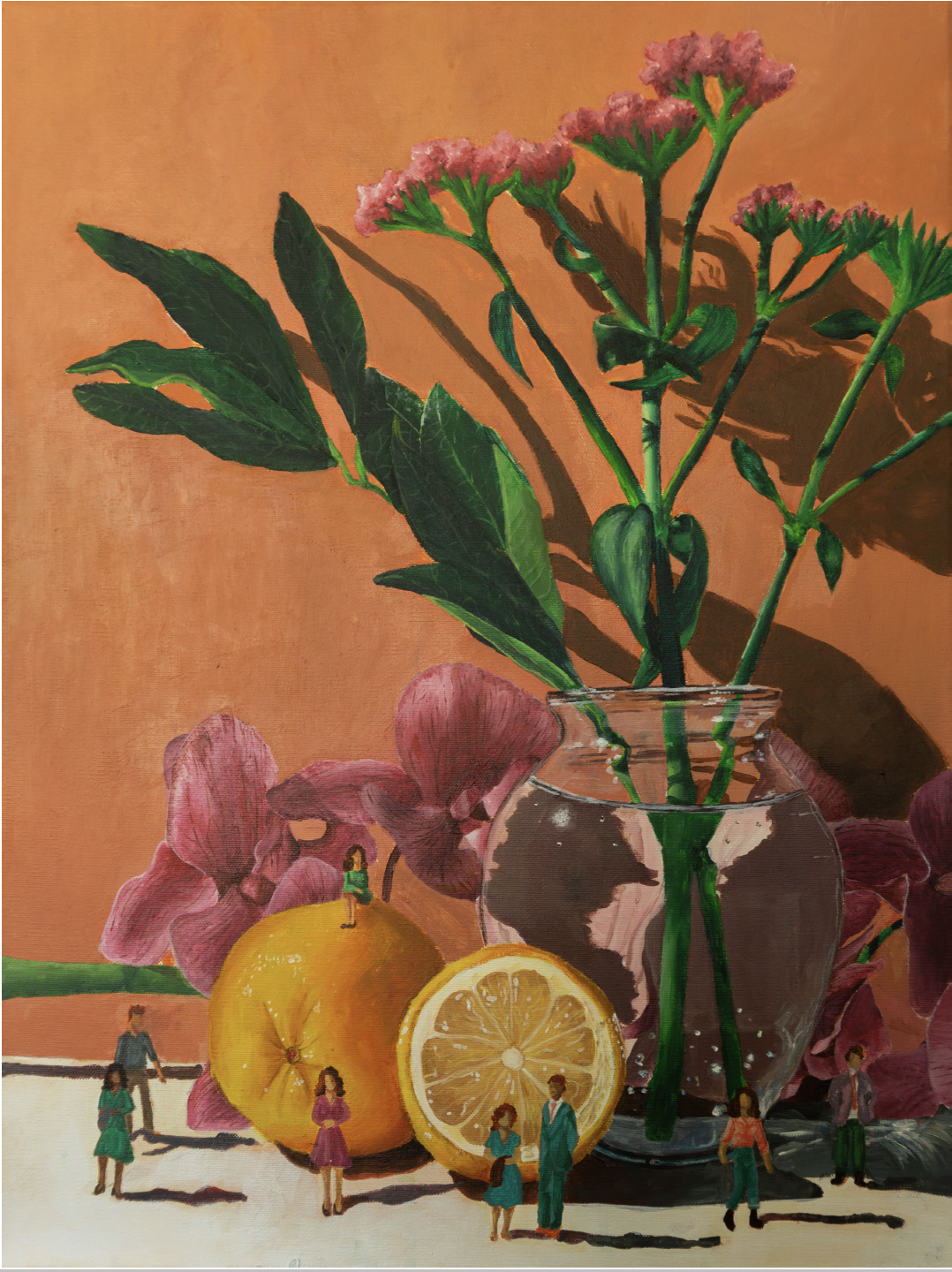 Alejandra Arevalo still life painting of flowers, fruit with miniatlure people in foreground.