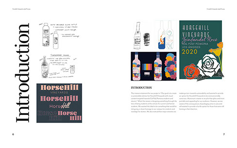 Photo of Table of Contents page for Packaging Design and Layout by Rachel Stelzer for Polykroma 2021. Title Horsehill Vineyards Wine Label.